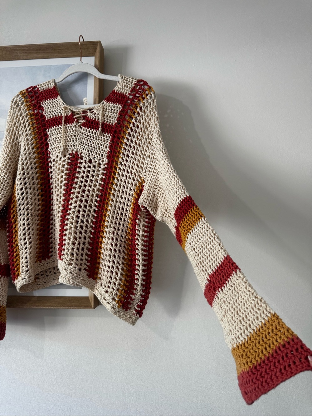 Open-Knit Lace-Up Pullover Sweater in Cream with Rust & Mustard Stripes - Picture 3 of 7